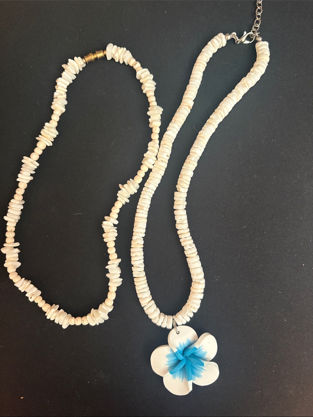 Lot 2 Necklaces Hawaiian Puka Shell blue Plumeria flower